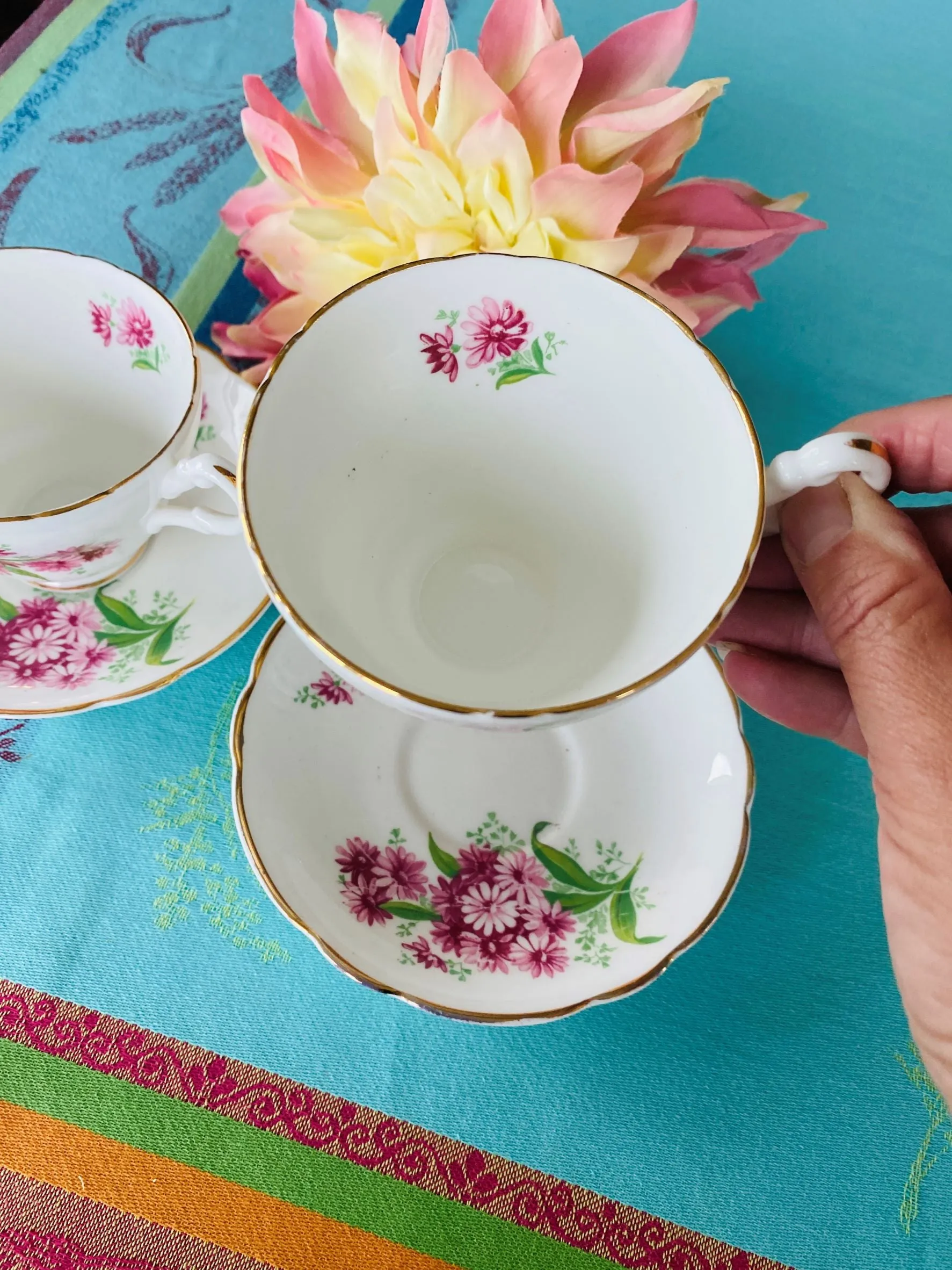 Regency Bone china teacups and Saucers, Pair, Michaelmas Pattern, England