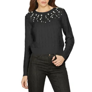 Relish maglia manica lunga con lavorazione tracce con perle e cabochon Prosperpina nero