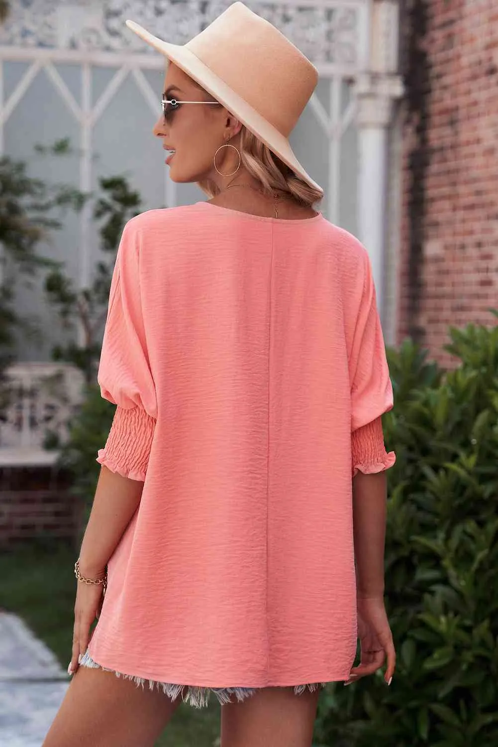 Round Neck Dolman Sleeve Textured Blouse