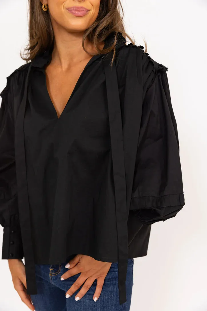 Ruffle Sleeve VNeck Top- Black