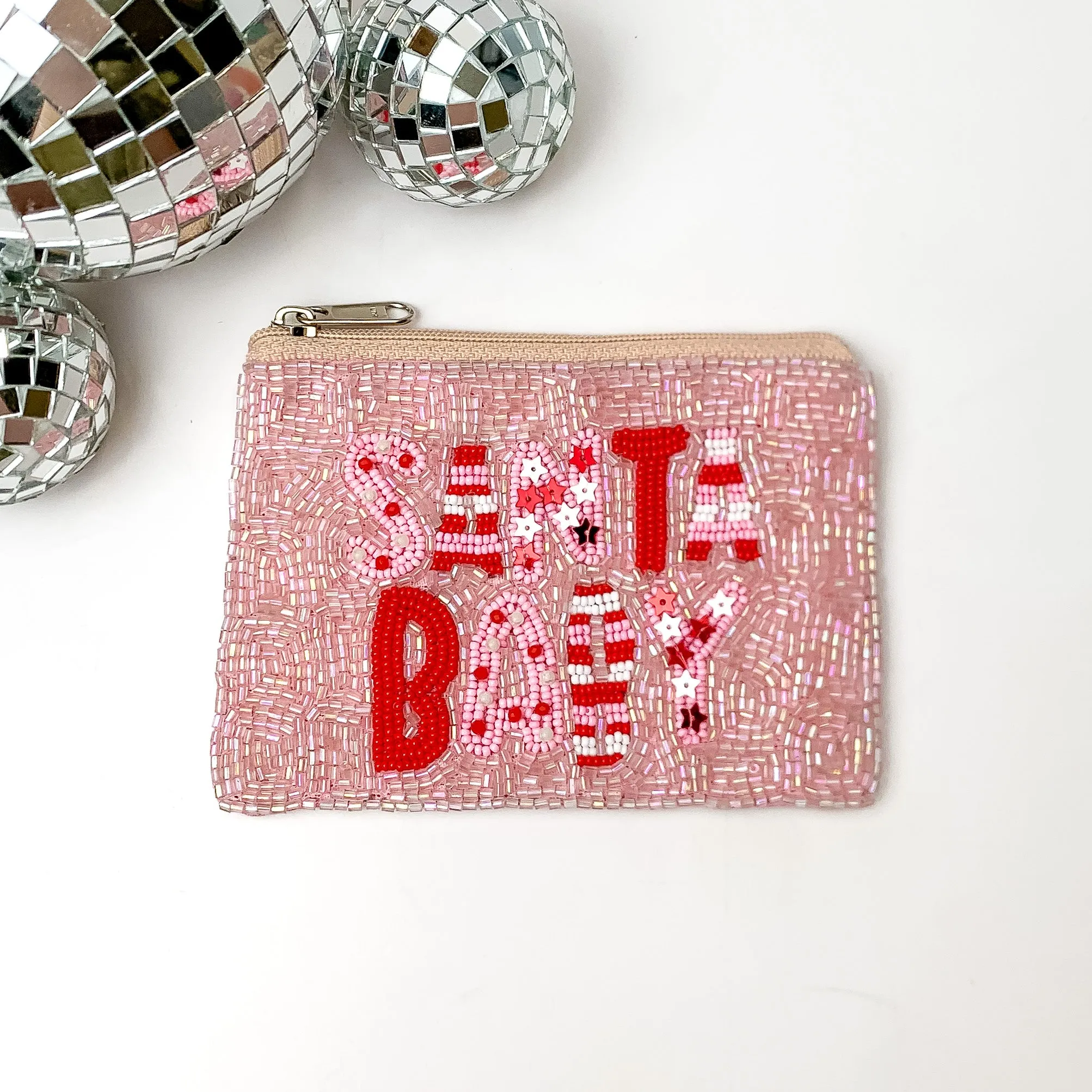 SANTA BABY Beaded Coin Purse in Light Pink