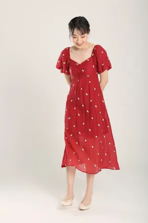 Sasha Floral Embroidered Dress in Red