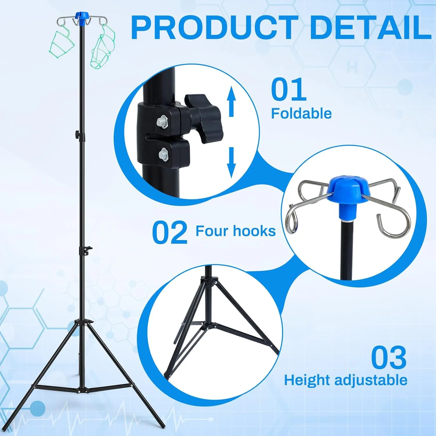 Set of 2 Portable Collapsible IV Pole Drip Bag Stands | Foldable Design  | 4 Hooks 3 Legs | Adjustable Height for Hospitals, Clinics, Wheelchairs & Beds