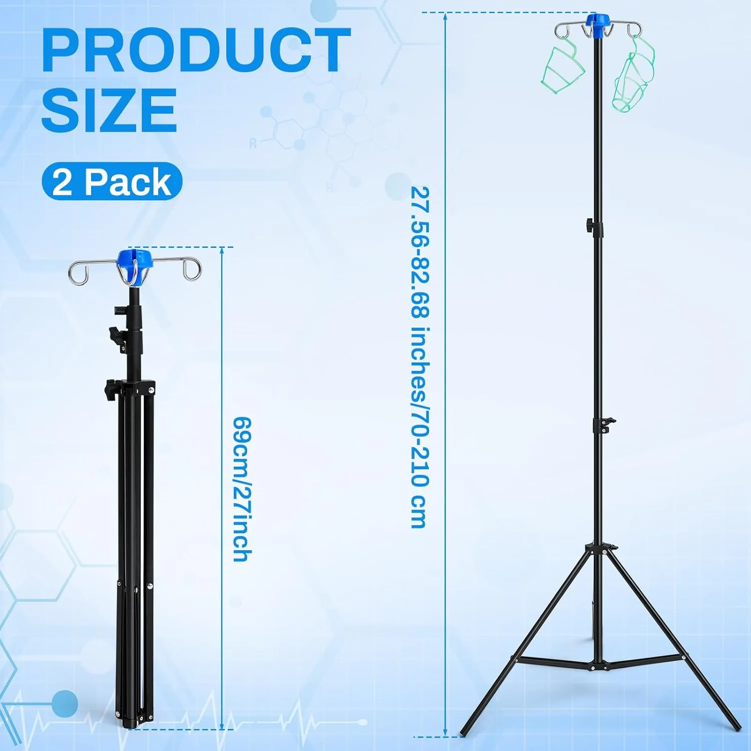 Set of 2 Portable Collapsible IV Pole Drip Bag Stands | Foldable Design  | 4 Hooks 3 Legs | Adjustable Height for Hospitals, Clinics, Wheelchairs & Beds