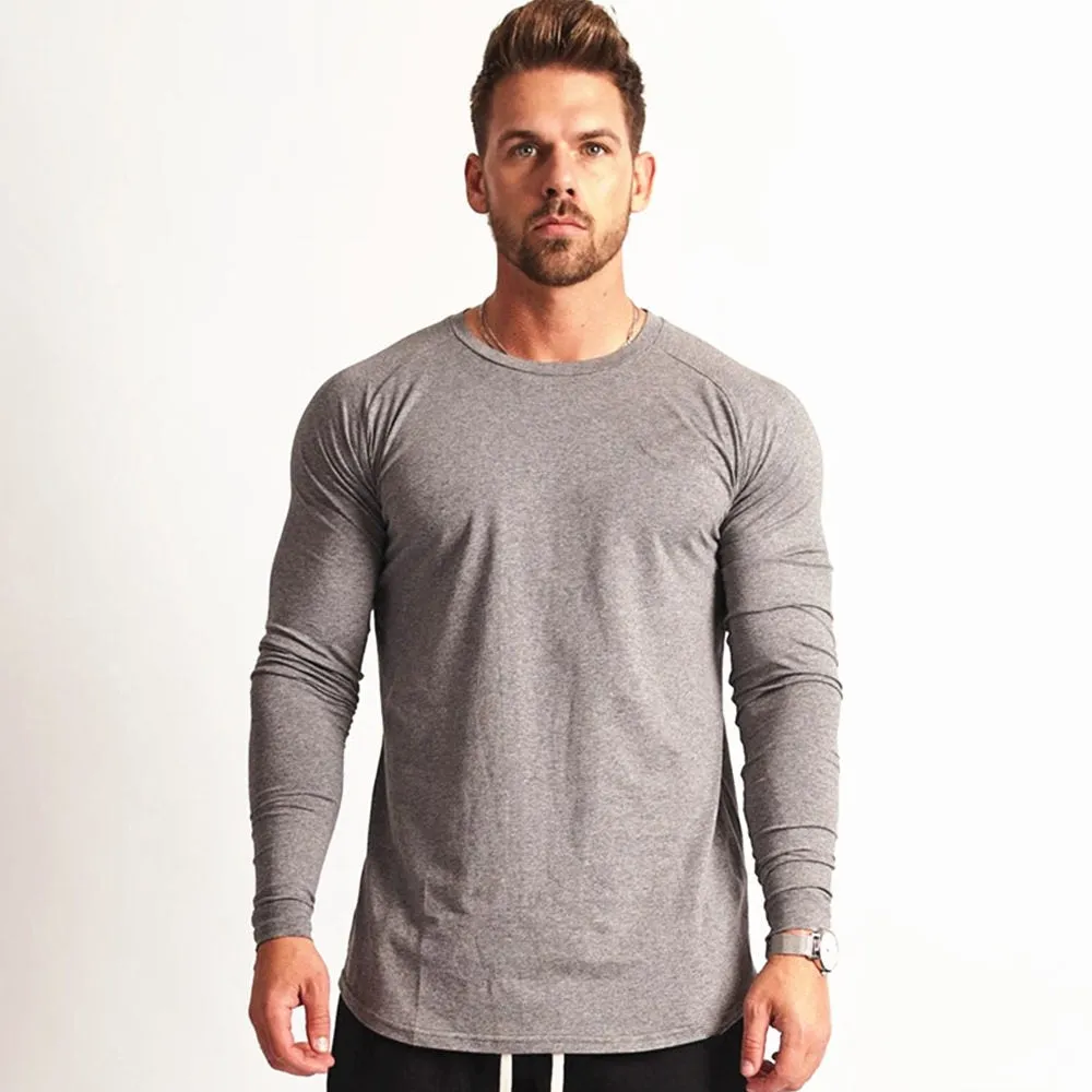 Solid Casual Long Sleeves Shirt Men Gym Fitness Cotton Slim T-shirt Male Autumn Workout Black O-Neck Tees Tops Fashion Apparel