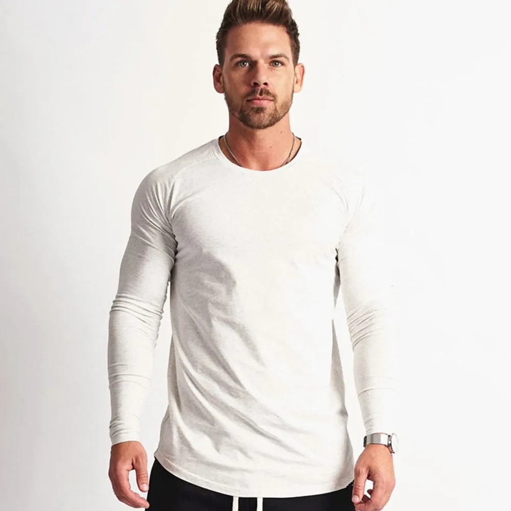 Solid Casual Long Sleeves Shirt Men Gym Fitness Cotton Slim T-shirt Male Autumn Workout Black O-Neck Tees Tops Fashion Apparel