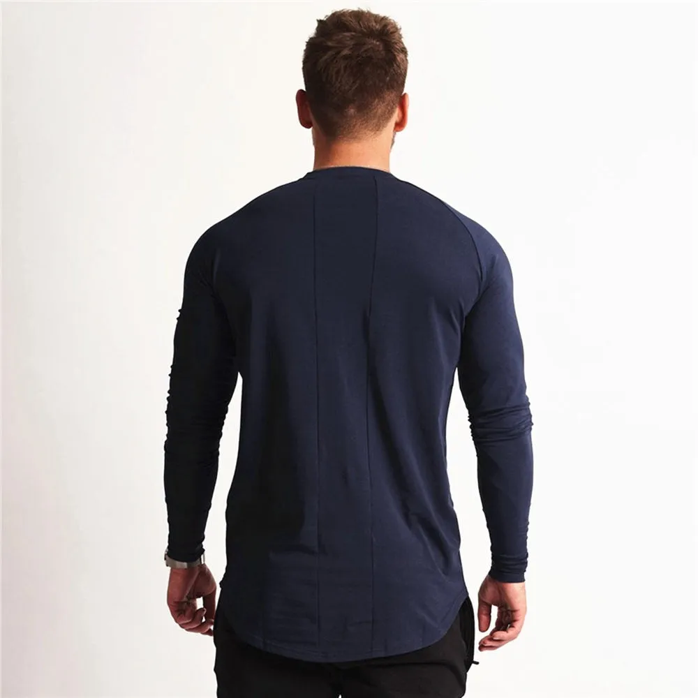 Solid Casual Long Sleeves Shirt Men Gym Fitness Cotton Slim T-shirt Male Autumn Workout Black O-Neck Tees Tops Fashion Apparel