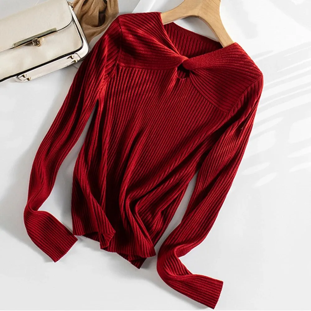 Solid Slimming Knitting Sweaters For Women V Neck Long Sleeves Hollow Out Pullover Temperament Sweater Female