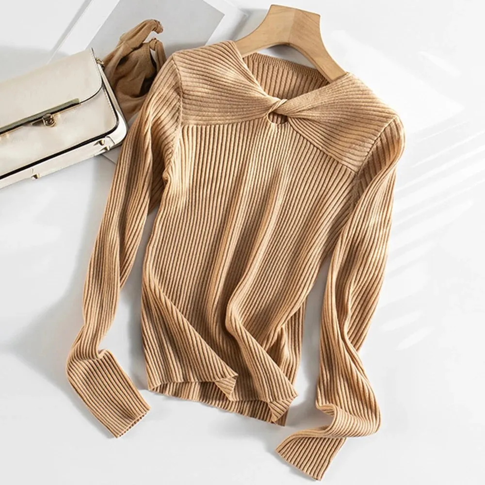 Solid Slimming Knitting Sweaters For Women V Neck Long Sleeves Hollow Out Pullover Temperament Sweater Female