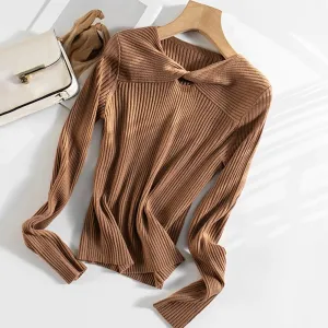 Solid Slimming Knitting Sweaters For Women V Neck Long Sleeves Hollow Out Pullover Temperament Sweater Female