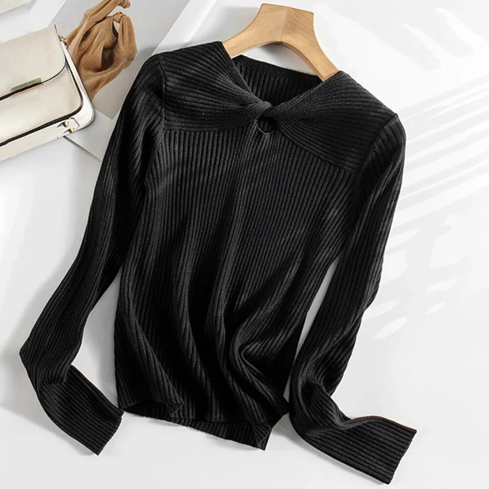 Solid Slimming Knitting Sweaters For Women V Neck Long Sleeves Hollow Out Pullover Temperament Sweater Female