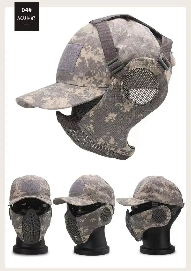 Tactical Foldable Masks Baseball Cap Adjustable Paintball Half Face Ow-Carbon Steel Mesh Mask Ear Protective for Airsoft Hunting