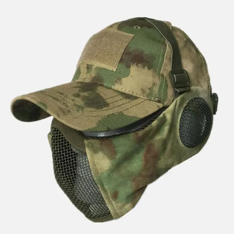 Tactical Foldable Masks Baseball Cap Adjustable Paintball Half Face Ow-Carbon Steel Mesh Mask Ear Protective for Airsoft Hunting