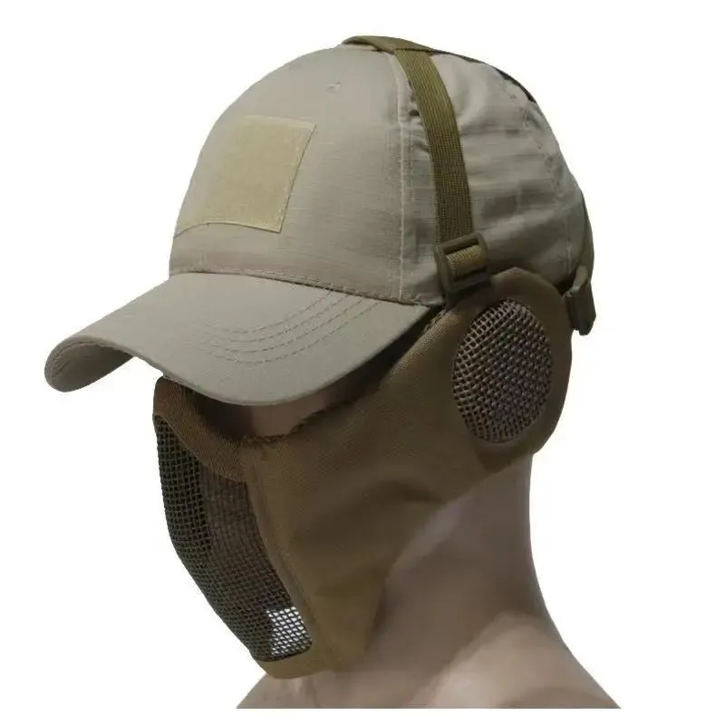 Tactical Foldable Masks Baseball Cap Adjustable Paintball Half Face Ow-Carbon Steel Mesh Mask Ear Protective for Airsoft Hunting