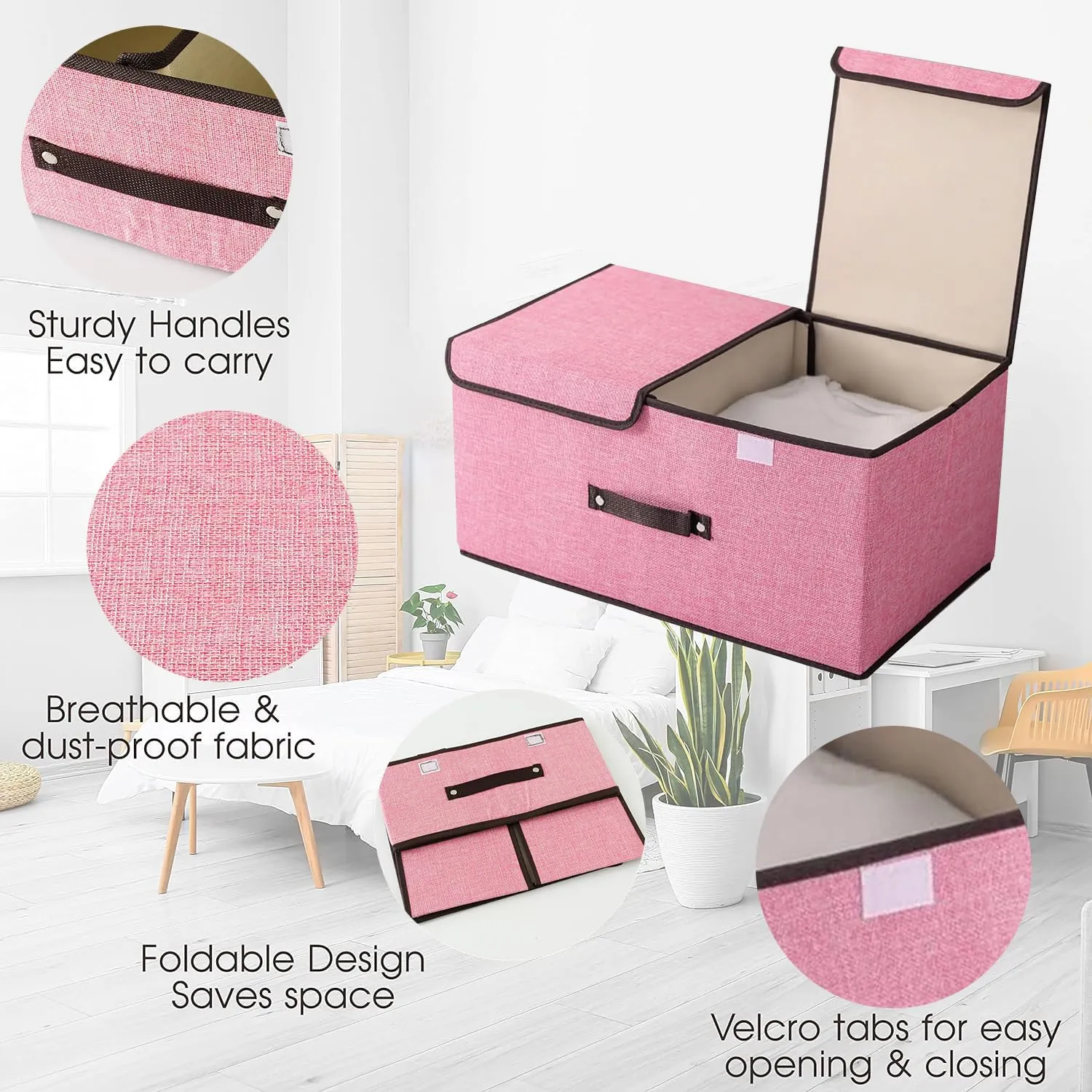 Urbane Home Double Lid Foldable Storage Box|Toys Storage Bin|Wardrobe Organizer For Clothes|Front Handle & Stackable (Pink)