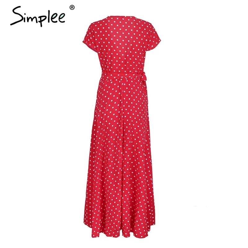 VenusFox Elegant high waist red dots maxi dress