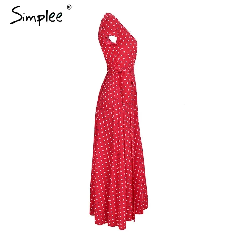 VenusFox Elegant high waist red dots maxi dress