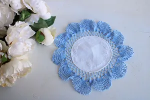 Vintage 1960s White Linen with Blue Crochet Lace Doily