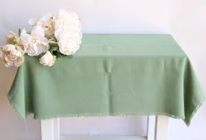 Vintage 1970s 1980s Sage Green with Fringe Trim Tablecloth