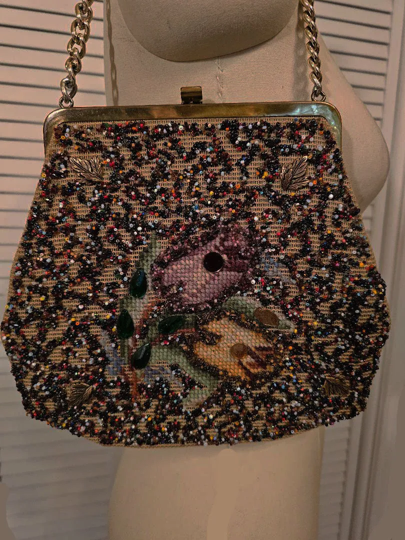 VINTAGE 50S 60S 70S SOURE NEW YORK BEADED PURSE HANDBAG LEAF ACCENTS PURSE 1950S PURSE SHOULDER BAG SHOULDER PURSE DESIGNER BAG