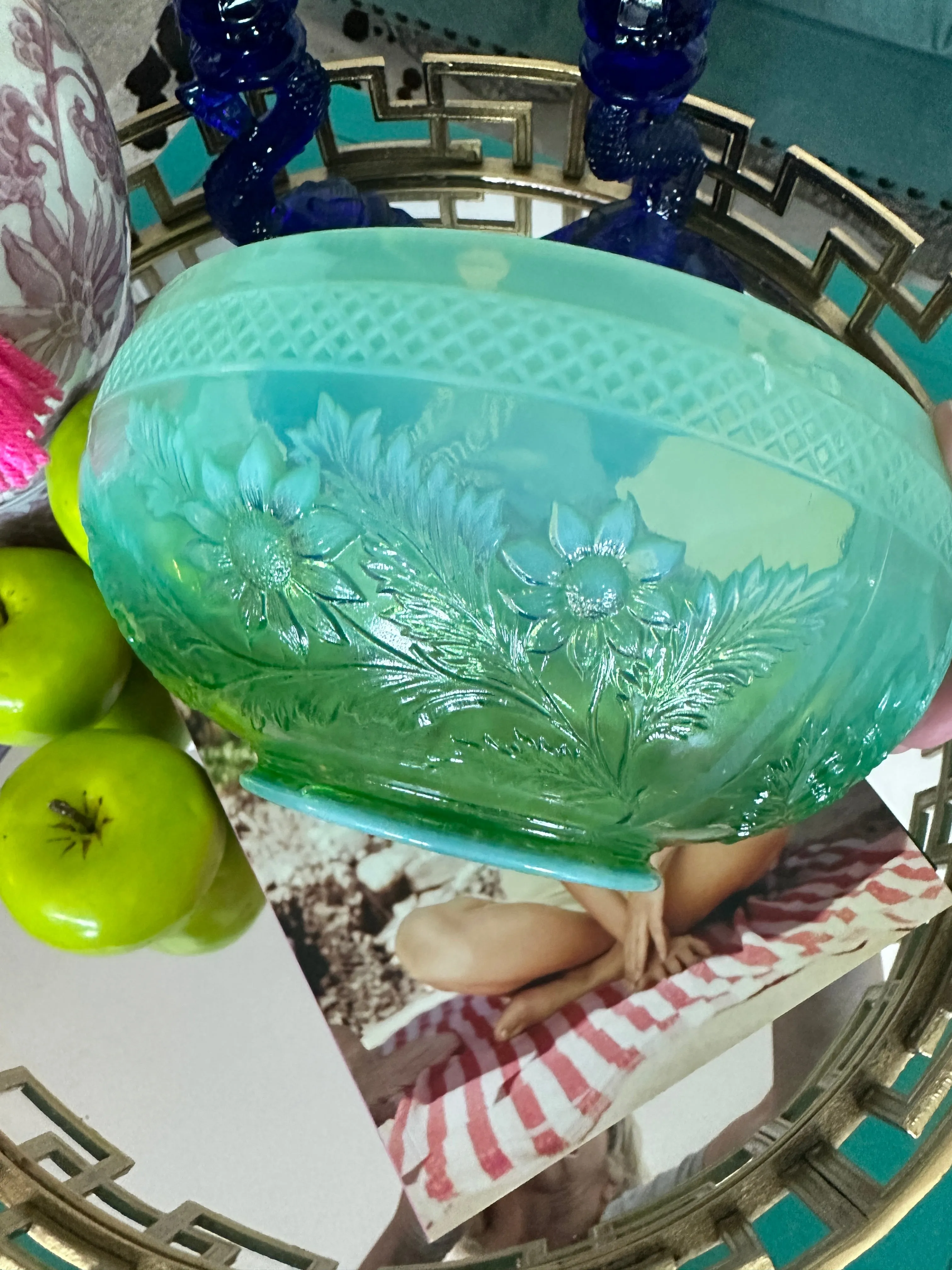 Vintage Bowl Opalescent Green Glass Daisy Pattern