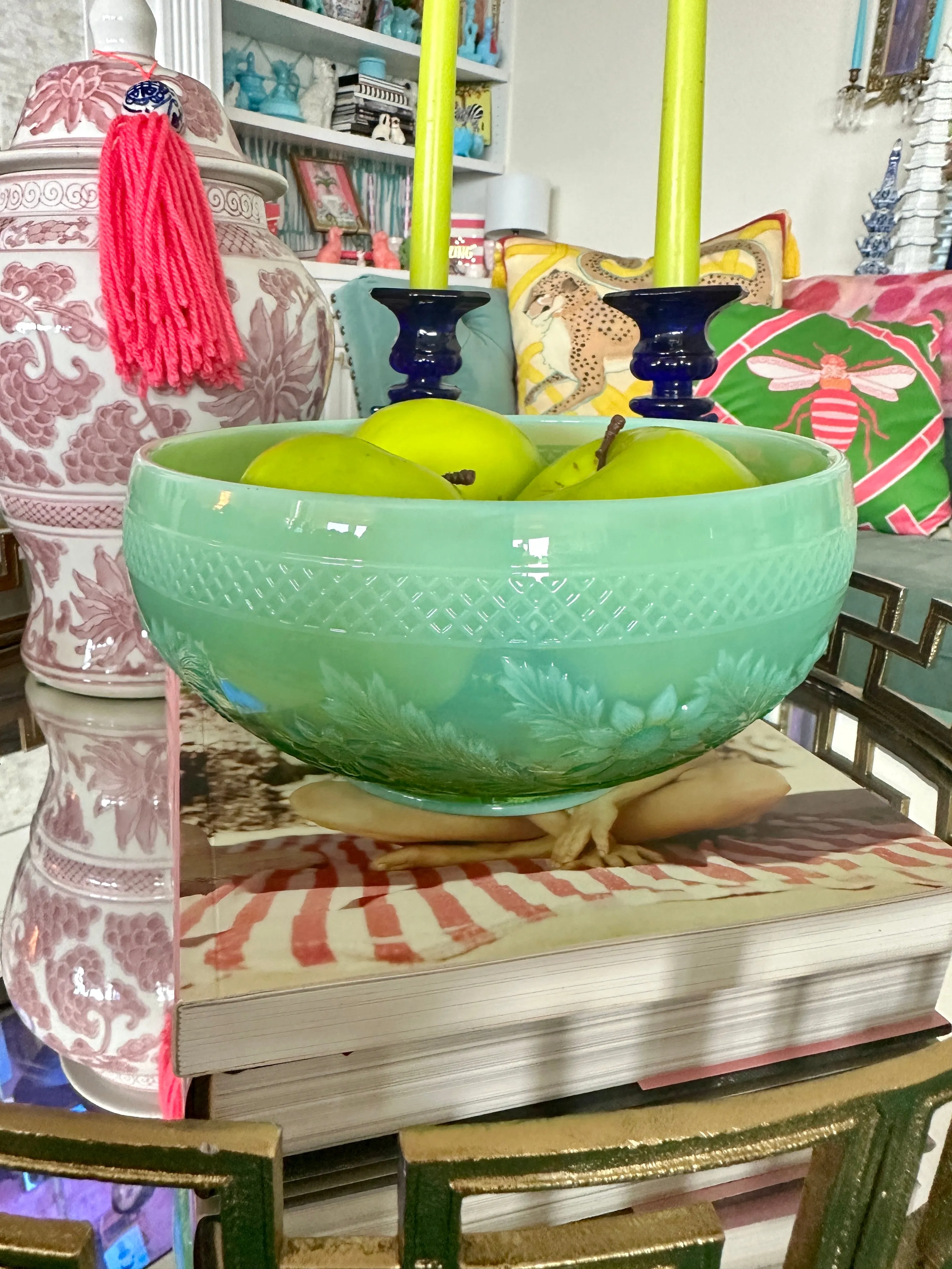 Vintage Bowl Opalescent Green Glass Daisy Pattern