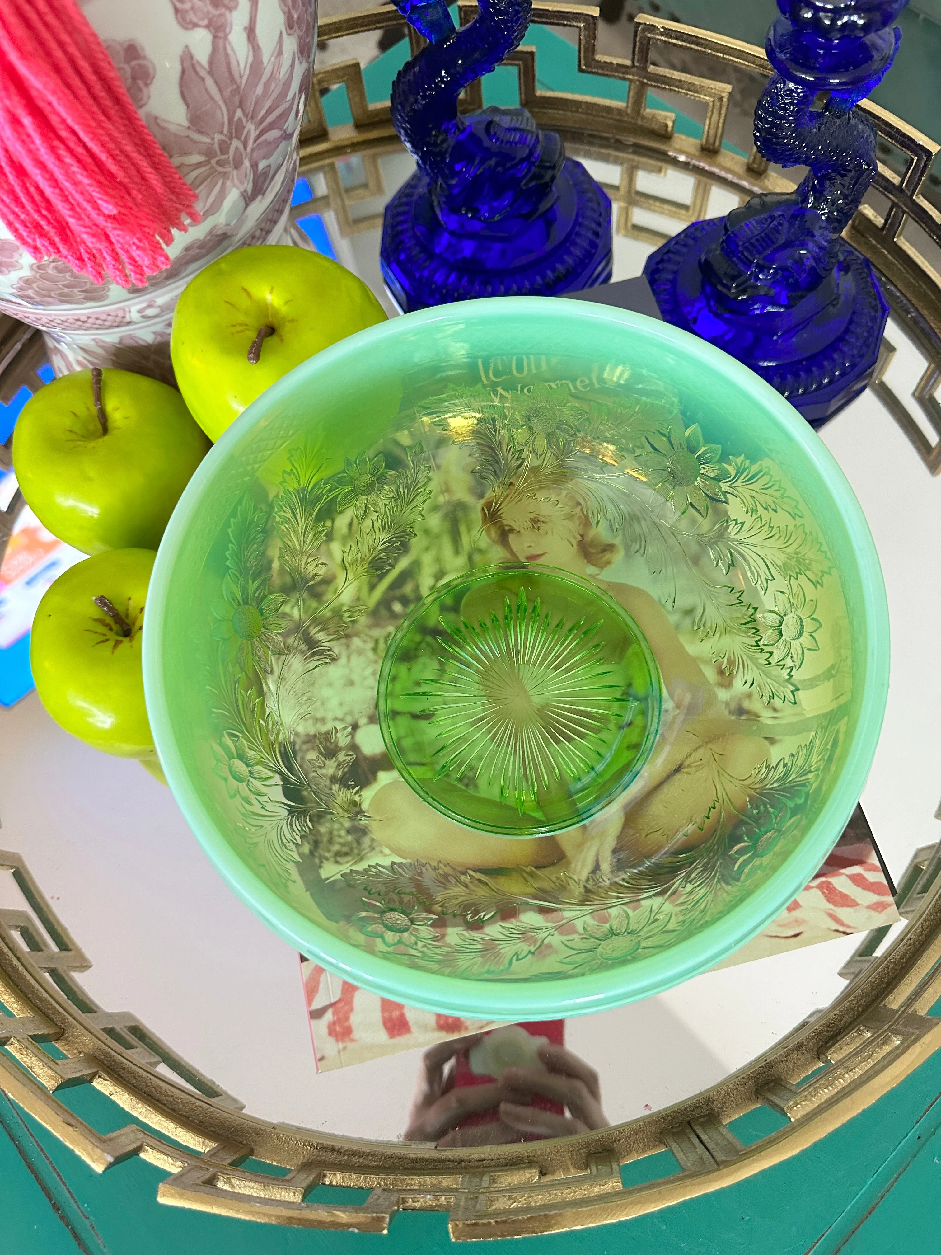 Vintage Bowl Opalescent Green Glass Daisy Pattern