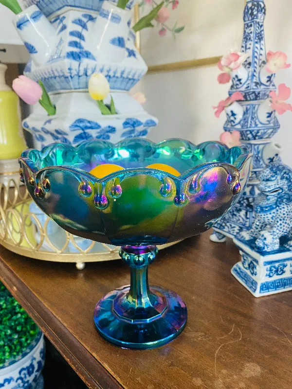 Vintage Carnival Glass Indiana Peacock Compote / Pedestal Bowl 1960s