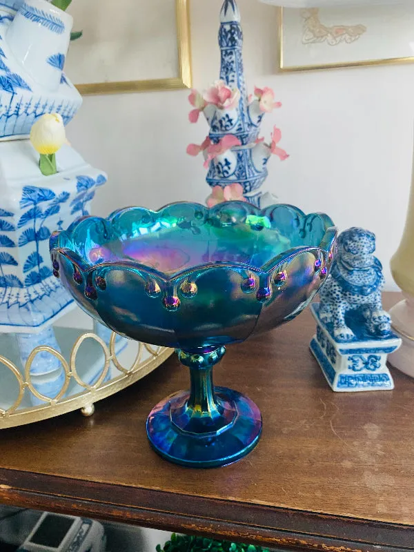 Vintage Carnival Glass Indiana Peacock Compote / Pedestal Bowl 1960s