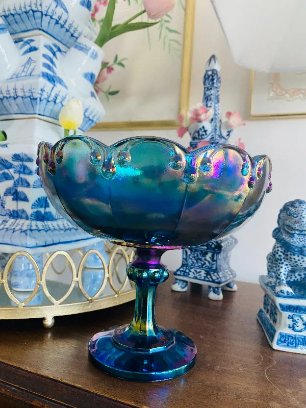 Vintage Carnival Glass Indiana Peacock Compote / Pedestal Bowl 1960s