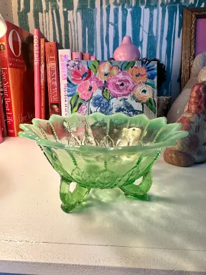 Vintage Footed Bowl Green Opalescent Leaf and Bead Pattern Northwood