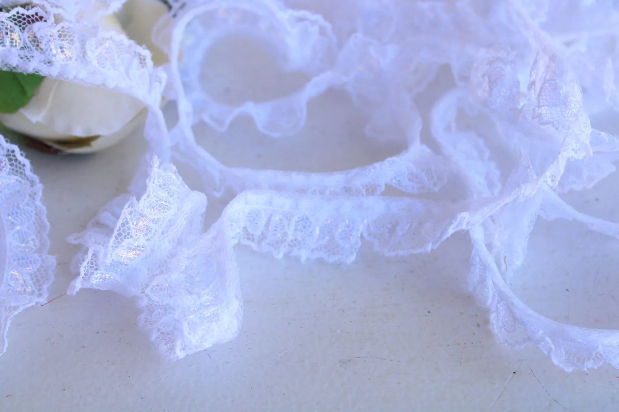 Vintage Ruffled Lace Trim, White with Glittery Hearts,  .75" Wide, 4 yards