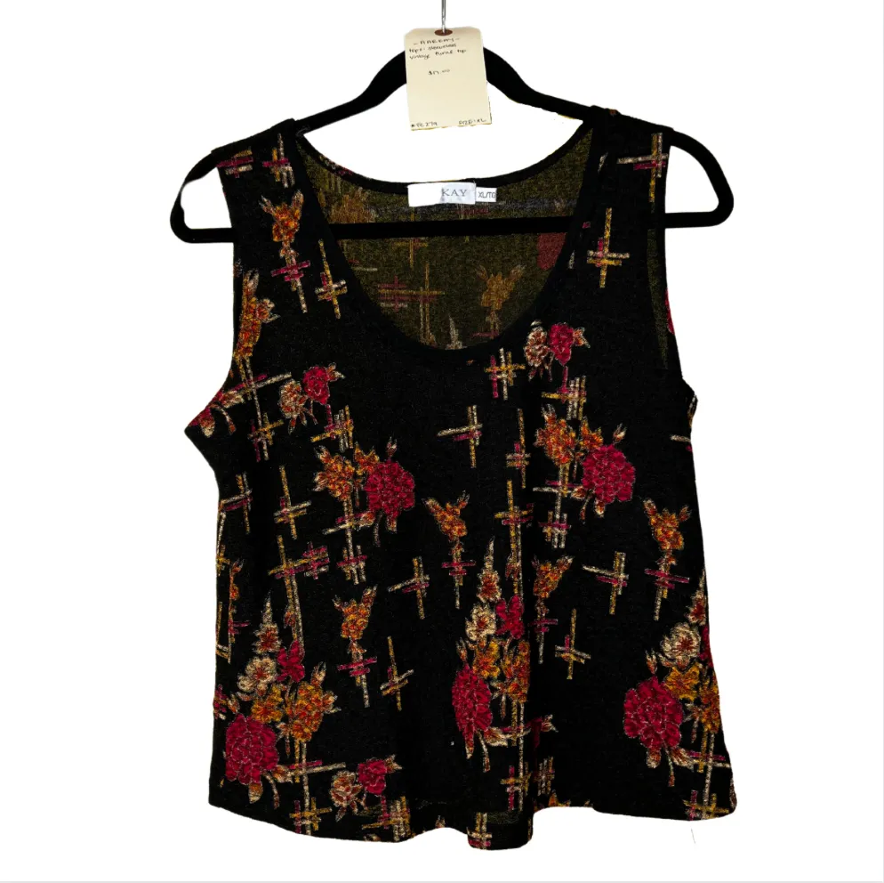 Vintage sleeveless top with floral print - XL