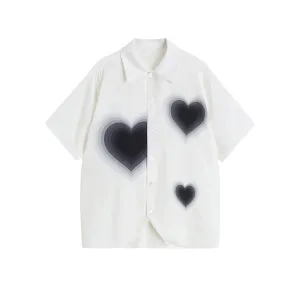 White Shirts Women Retro Heart Print Fashion Korean Style Harajuku Simple Heart Love Print Top Autumn