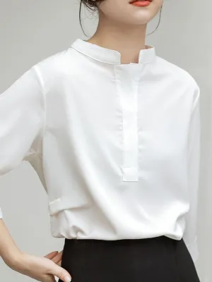 White Women Chiffon Shirts Loose Half Sleeve Korean Office Ladies Summer Blouse Fashion Stand Collar Designed Female Tops