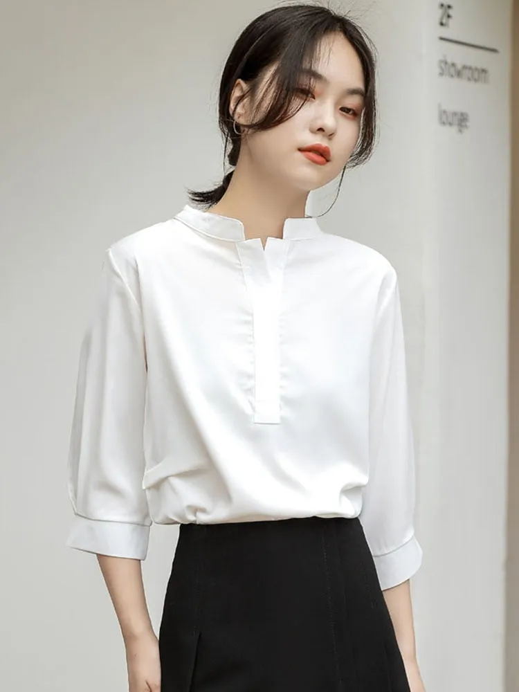 White Women Chiffon Shirts Loose Half Sleeve Korean Office Ladies Summer Blouse Fashion Stand Collar Designed Female Tops