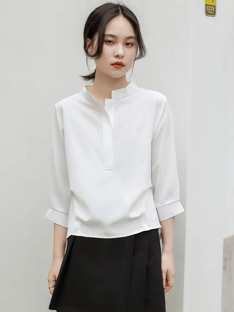 White Women Chiffon Shirts Loose Half Sleeve Korean Office Ladies Summer Blouse Fashion Stand Collar Designed Female Tops