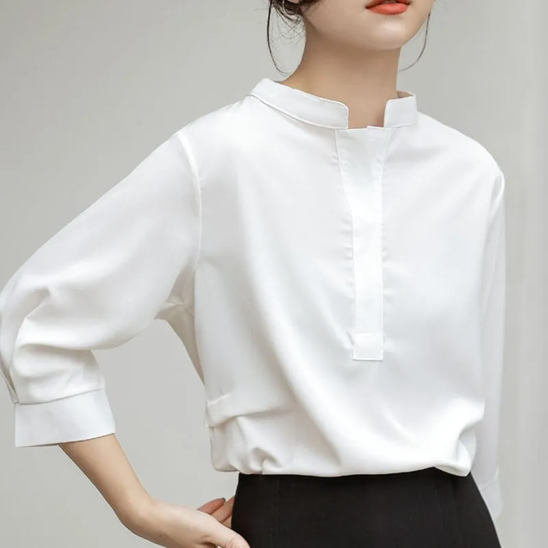 White Women Chiffon Shirts Loose Half Sleeve Korean Office Ladies Summer Blouse Fashion Stand Collar Designed Female Tops