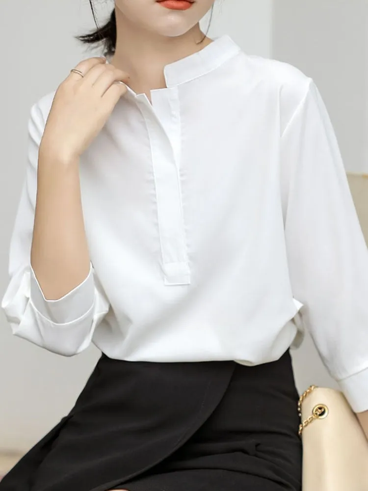 White Women Chiffon Shirts Loose Half Sleeve Korean Office Ladies Summer Blouse Fashion Stand Collar Designed Female Tops