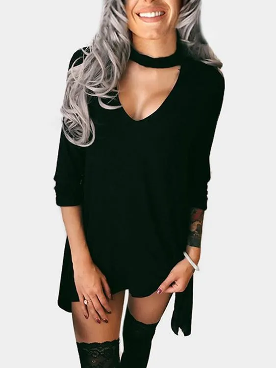 Wholesale Black Halter Deep V Neck Long Sleeve Plain Cut Out Irregular Hem Mini Dress