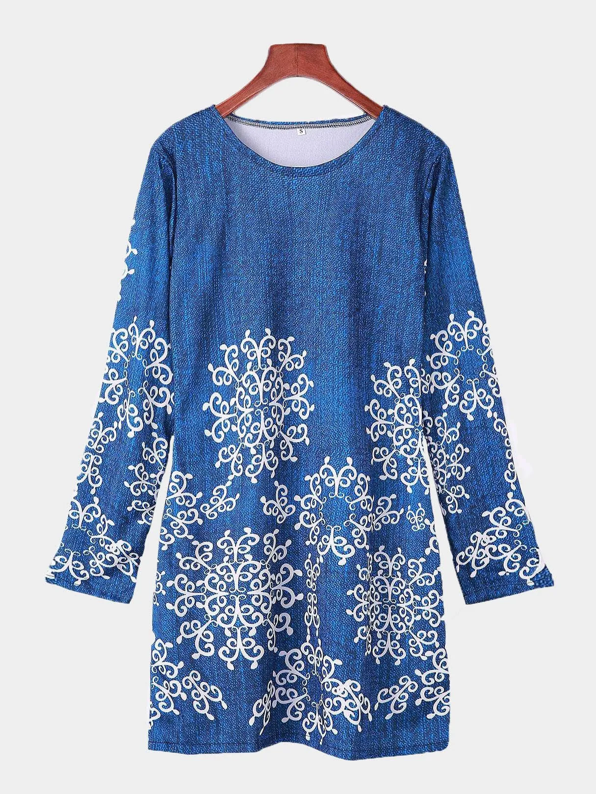 Wholesale Blue Round Neck Floral Print Long Sleeve Mini Dress