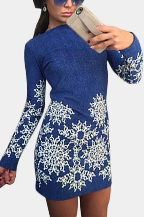 Wholesale Blue Round Neck Floral Print Long Sleeve Mini Dress