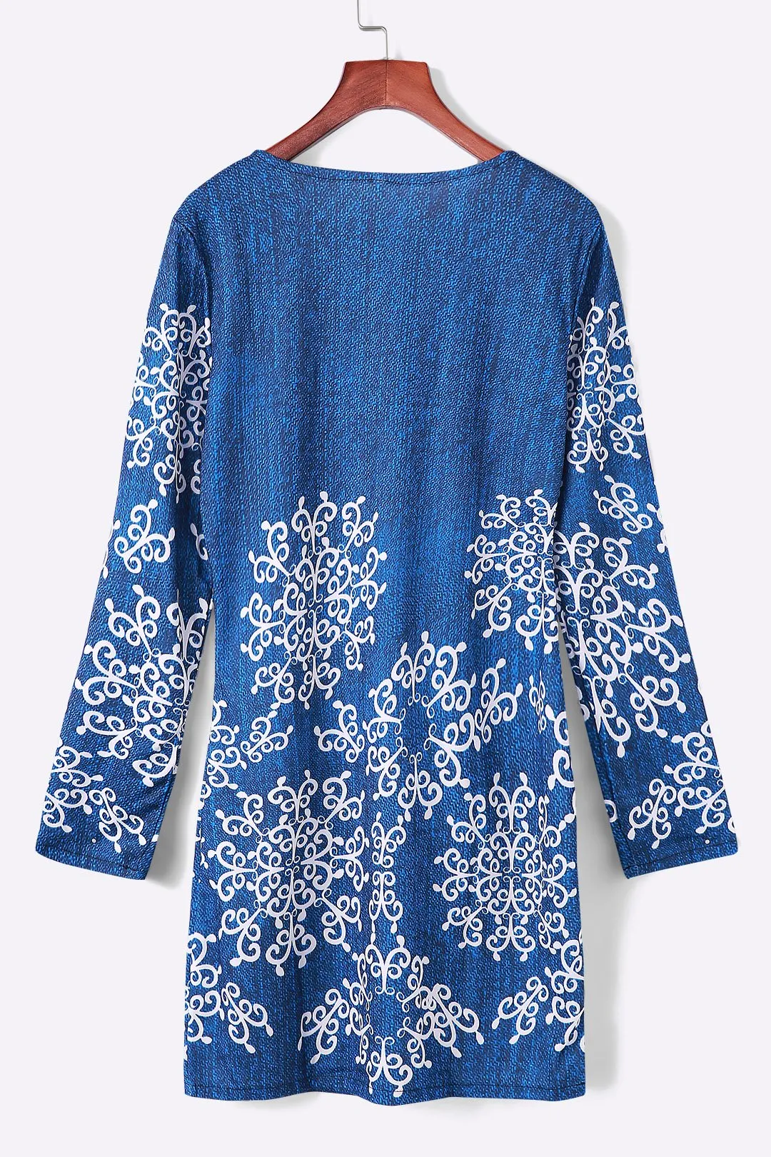 Wholesale Blue Round Neck Floral Print Long Sleeve Mini Dress