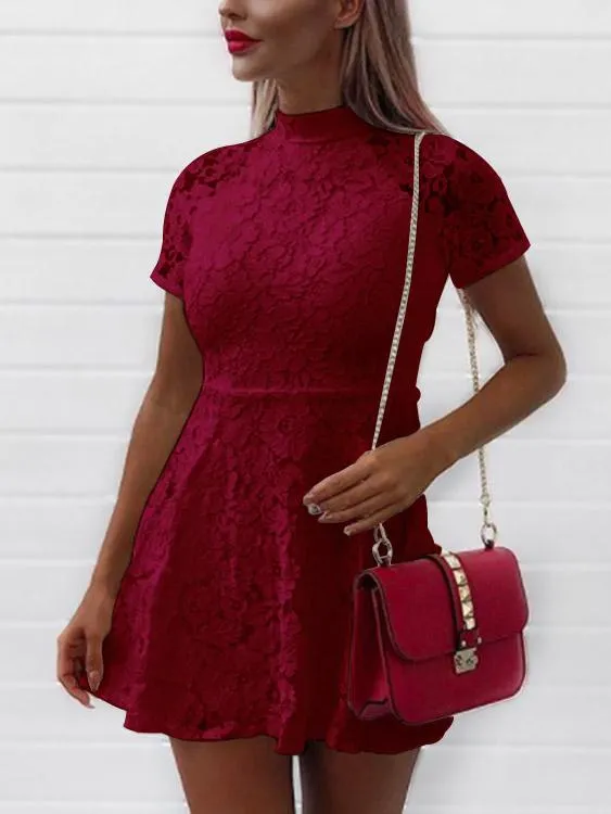 Wholesale Burgundy Crew Neck Short Sleeve Lace Zip Back Mini Dresses