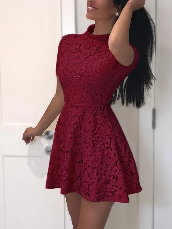 Wholesale Burgundy Crew Neck Short Sleeve Lace Zip Back Mini Dresses