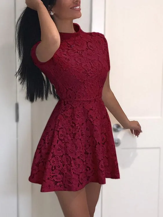 Wholesale Burgundy Crew Neck Short Sleeve Lace Zip Back Mini Dresses