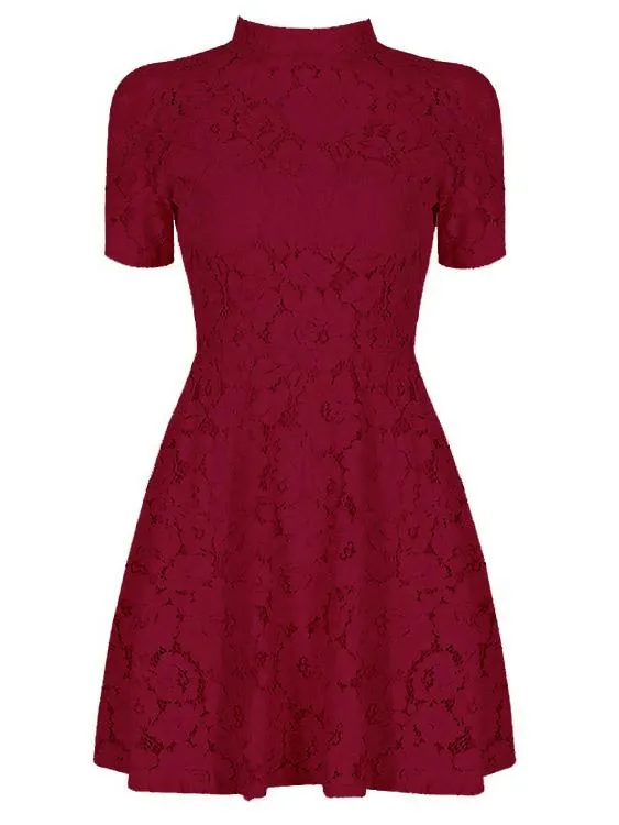 Wholesale Burgundy Crew Neck Short Sleeve Lace Zip Back Mini Dresses