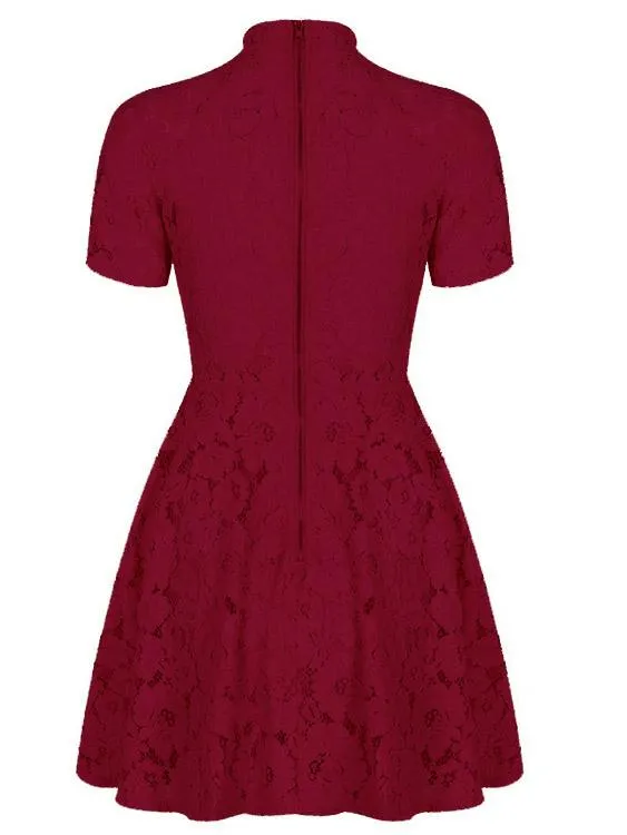 Wholesale Burgundy Crew Neck Short Sleeve Lace Zip Back Mini Dresses