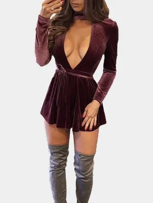 Wholesale Burgundy Deep V-Neck Long Sleeve Plain Ruffle Hem Mini Dress