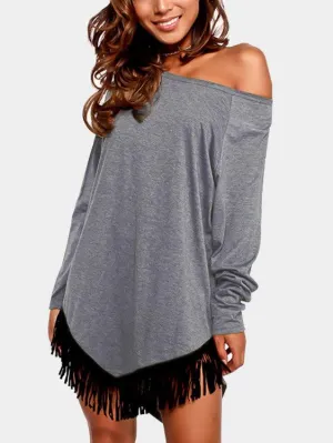 Wholesale Grey One Shoulder Long Sleeve Plain Tassel Tassel Hem Mini Dress